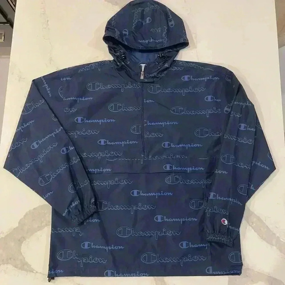 Champion Other - Champion All Over Print Blue Hooded Windbreaker Packable HalfZip Mens Size Large